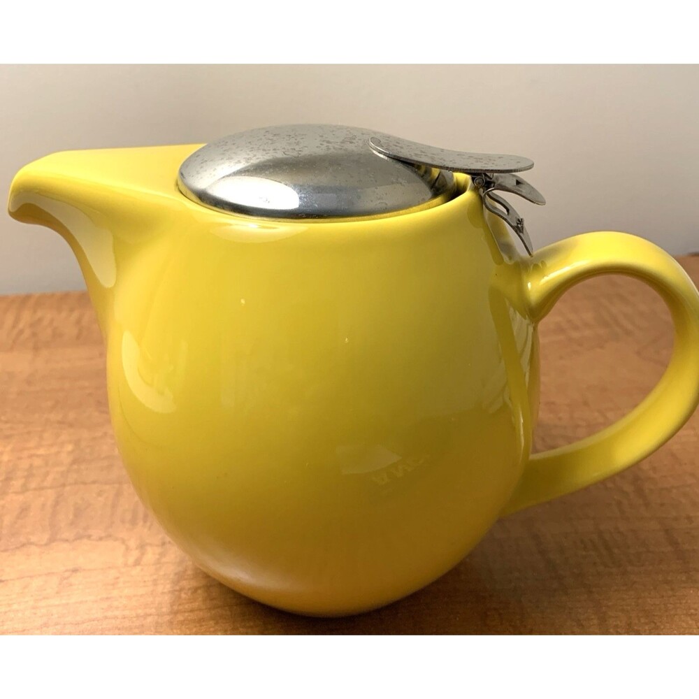 OmniWare Yellow Ceramic Teapot with Metal Lid Strainer Glossy Finish Y2K